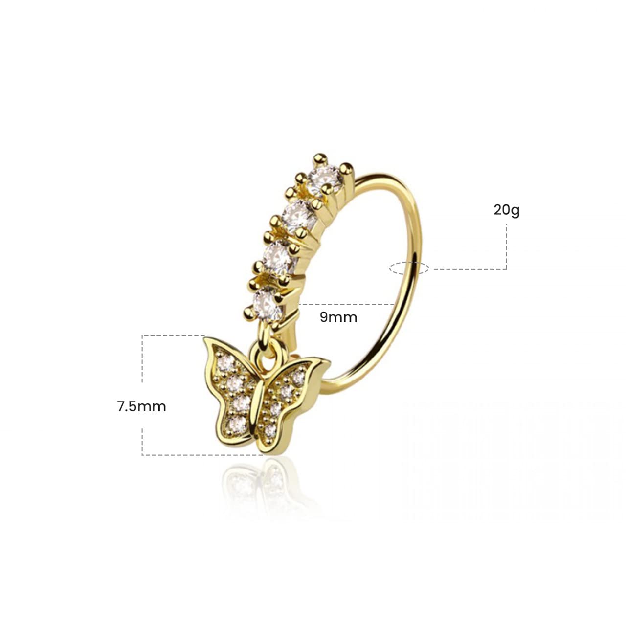 LUXE MODZ 3 aros de nariz de acero quirúrgico de 20 g para cartílago, con circonita cúbica, mariposa, luna, corazón, nariz, 9 mm