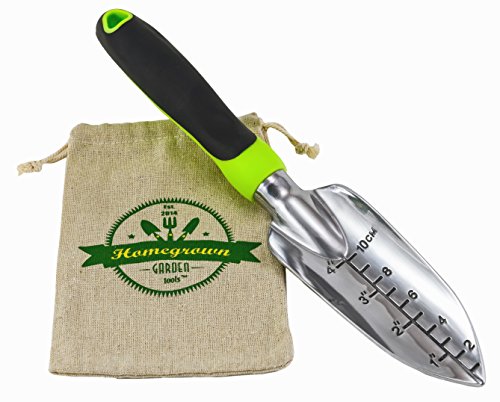Homegrown Garden Tools Transplanter Trowel with Ergonomic Handle; Heavy Duty Polished Aluminium Blade; Includes Burlap Bag - Great Gardening Gift