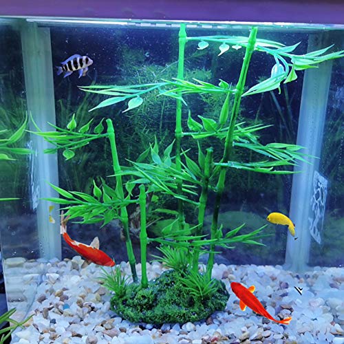 Haofy Pianta di bambù per Acquario, Pianta di bambù Artificiale con Foglie Verdi, Erba Acquatica Realistica per Paesaggi Acquatici in Acquari (Poligono di pietra blu)