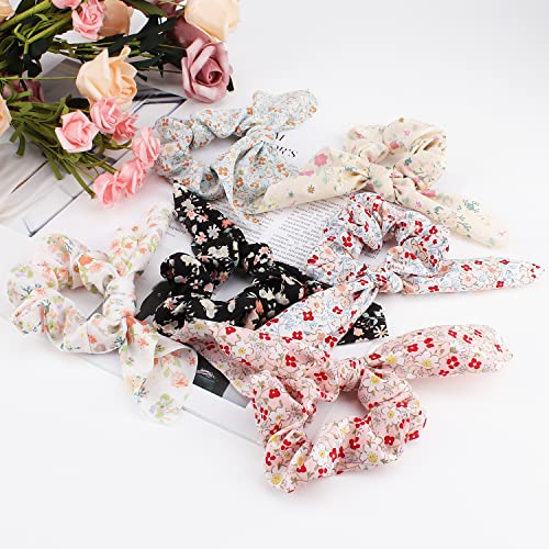 Jaciya Hair Scrunchies With Bow Hair Ties Bunny Ear Bowknot Scrunchie Floral Girls Hair Accessories Hair Scrunchies For Women's Hair 6 Packs #TOP6