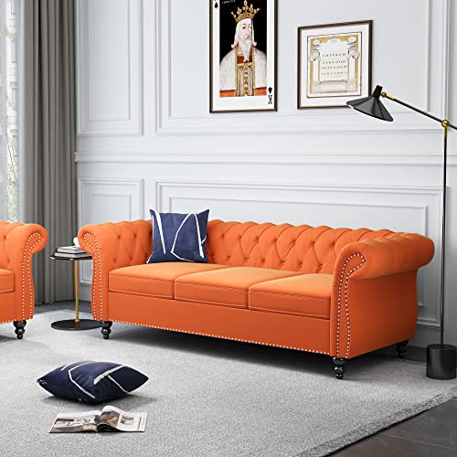 Image of ORRD 2 Piece Living Room Set, Velvet Chesterfield Sofa Couch Chair with Scroll Arms and Nailhead for Living Room, Office (Orange)