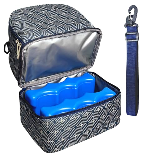 Insulated Breast Milk Cooler Bag – Fits 6 Bottles – Includes 2 Ice Packs – Dual Zipper Compartments – Detachable Strap – 9.4