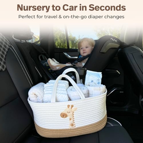 Image of Baby Diaper Caddy Organizer - Giraffe Safari Nursery Storage Rope Basket | Spacious diaper caddy organizer with 3 compartments for 30+ diapers, wipes, creams, bottles and burp cloths