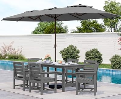SERWALL 8-Piece Patio Dining Sets with 15FT Double Side Patio Umbrella, Outdoor HDPE Dining Furniture Set with Umbrella Hole Cut-Out Table and 6 Chairs, Gray?Umbreall Base not Included?
