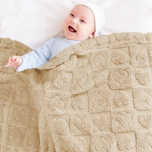 Image of Yurhap Heart Baby Blanket, Love Plush Fleece Baby Blankets for Boys Girls | Soft Sherpa Baby Boy Blankets for Infant Toddler Newborn Gifts, Fluffy Baby Essentials, For Crib Stroller, 30 inchx40 inch, Khaki
