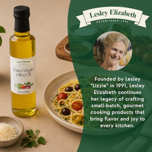 Image of Lesley Elizabeth Extra Virgin Olive Oil, 8.5 fl oz - Smooth Premium EVOO for Dipping, Drizzling, Dressings, Sauteing, Roasting & Everyday Cooking - All-Natural, Plant-Based
