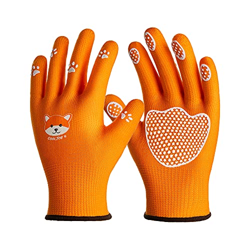 COOLJOB Small Toddler Gardening Gloves for Little Boys Girls Ages 2-4 Breathable Kids Work Gloves with Grippy Animal Paw Dots for Children Yard Landscape Orange Dog 1 Pair