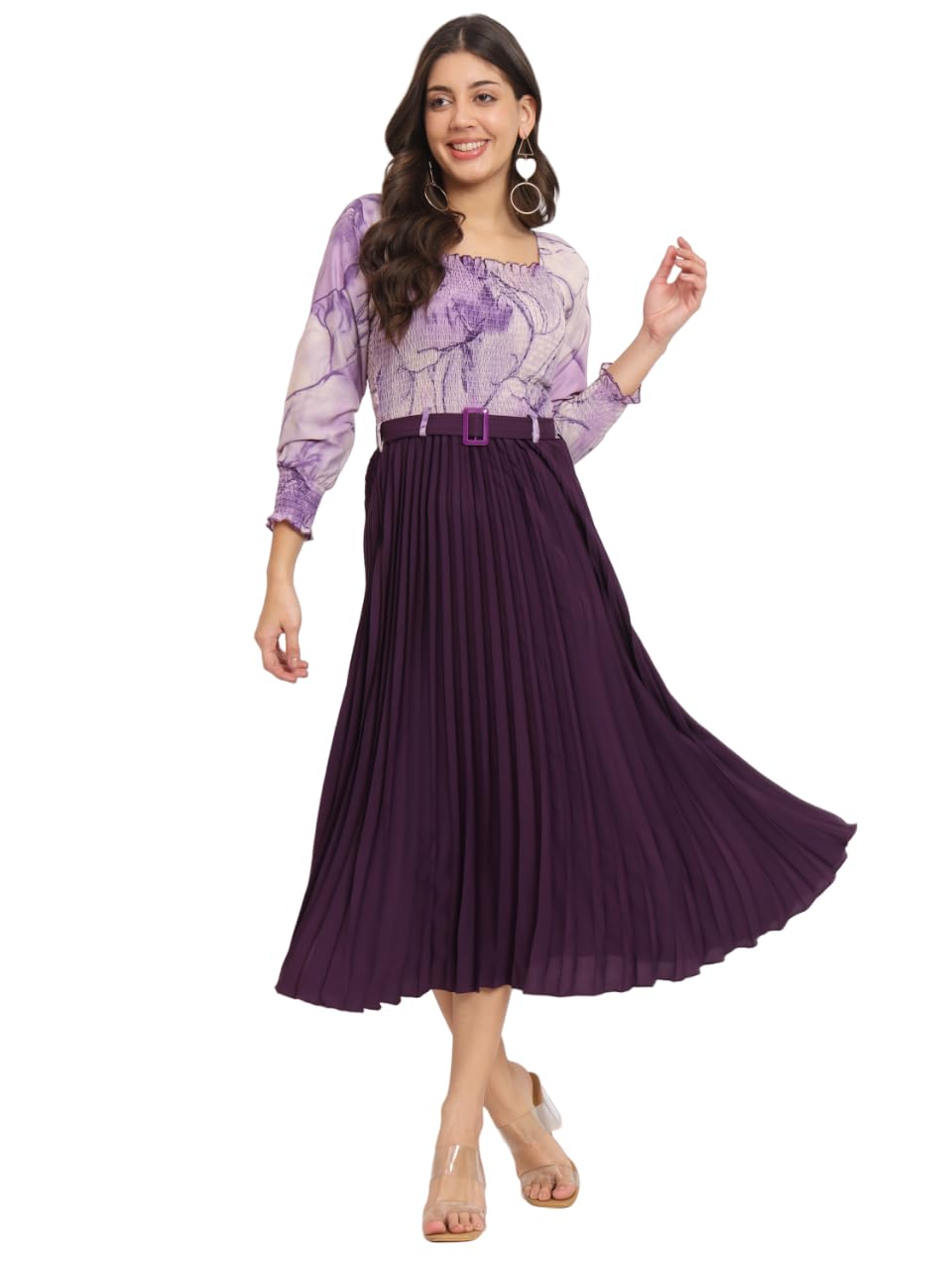 Kzully Women's Knee-Length A-Line Dress With Pleats, Has An Square Neck, Printed Top Comes With A Belt Purple