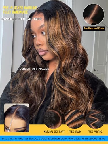 Image of Sunber Highlight Brown Body Wave Balayage 7x5 HD Lace Front Human Hair Wig