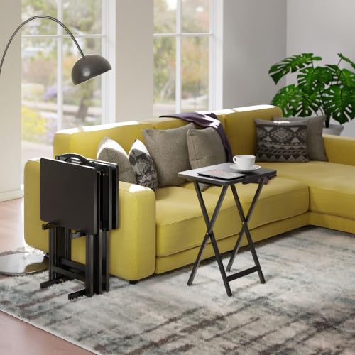 Image of Winsome Alex Set of 4 Foldable Snack Tables with Storage Rack, Black, 26 inch | Easy to Store Portable Fold Up Table Set for Kitchen, Living Room TV Dining, Crafts, Puzzles, Work From Home