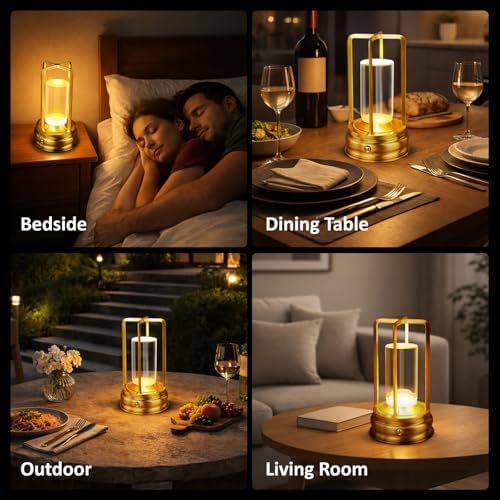 MeRGBWLife Cordless Table Lamp - Rechargeable LED Lamp with 2000mAh Battery, 3 Color Stepless Dimming & Touch Control, Portable Lamp for Indoor Outdoor, Bedroom, Restaurant, Bar, Patio, Camping, Gold — view 2