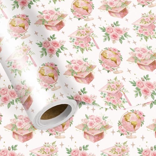 LeZakaa Graduation Wrapping Paper Roll for Girls Women, Floral Graduation Elegant Gift Wrap with Roses Caps Globe Design for High School and College, Mini Roll 17in x 16.4 ft by LeZakaa - Used condition - US$5.04
