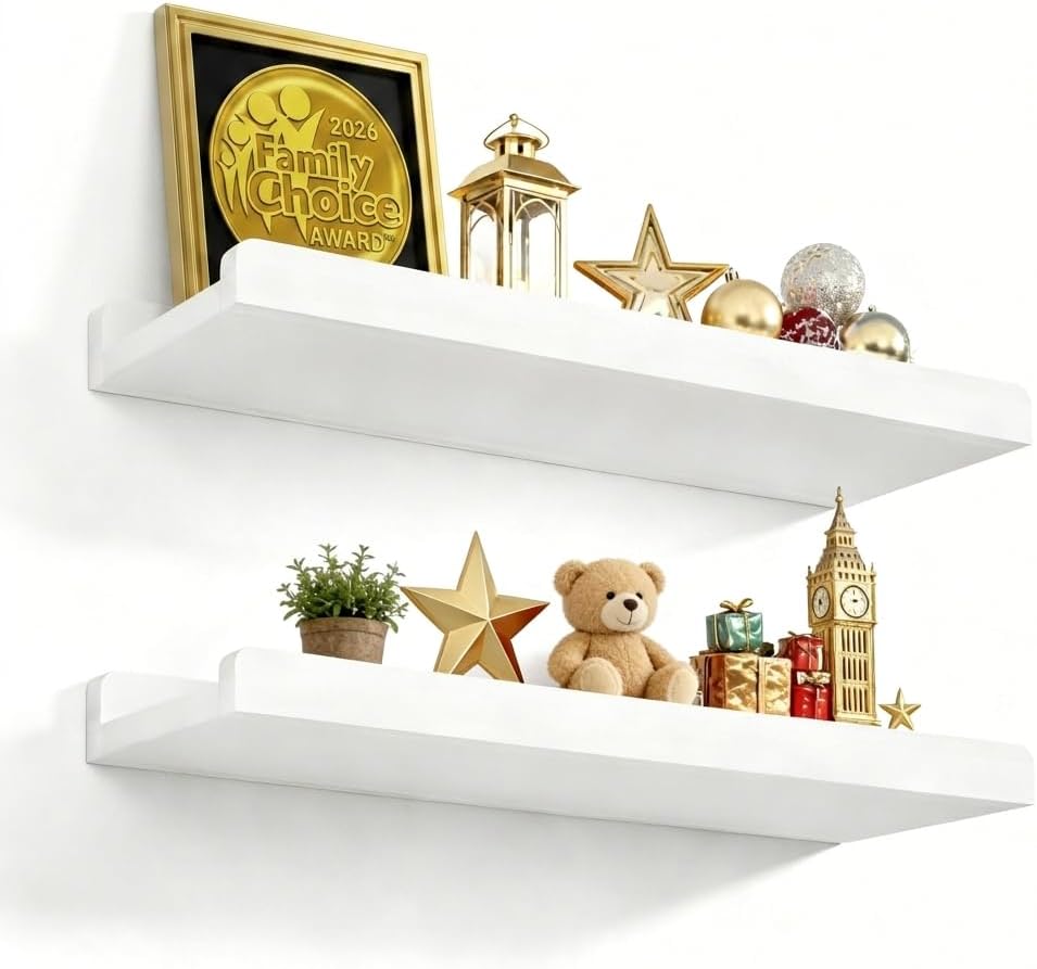 Floating Shelves Wall Mounted Set of 2, 17 Inch Rustic Wood Wall Shelves for Storage, Bedroom Living Room Bathroom Kitchen Office and More White