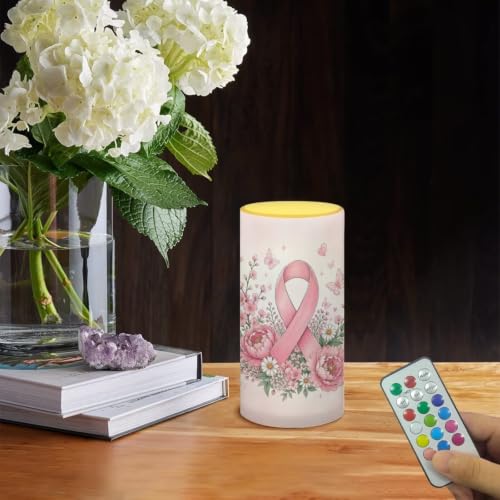 Image of Poceacles Flameless Light Candles Battery Operated Candles with Color Changing Timer Remote Control Tealights for Breast Cancer Awareness Decor, Pink Ribbon Floral Butterfly Pink