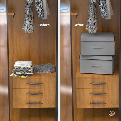 Image of Non-Woven Multipurpose Foldable Storage Box Wardrobe Closet Organizer Stackable Basket /Bins with Lid & Side Handle for Clothes, Toys, Books (Dark Grey, Pack of 2)