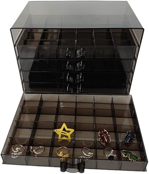 Ebonee Acrylic Jewelry Organizer Box Holder with 5 Drawers, 5-Tier 120 Girds Earring Display Stand Storage Case with 120 Small Compartments for Women Rings Necklaces Bracelets Clear Black