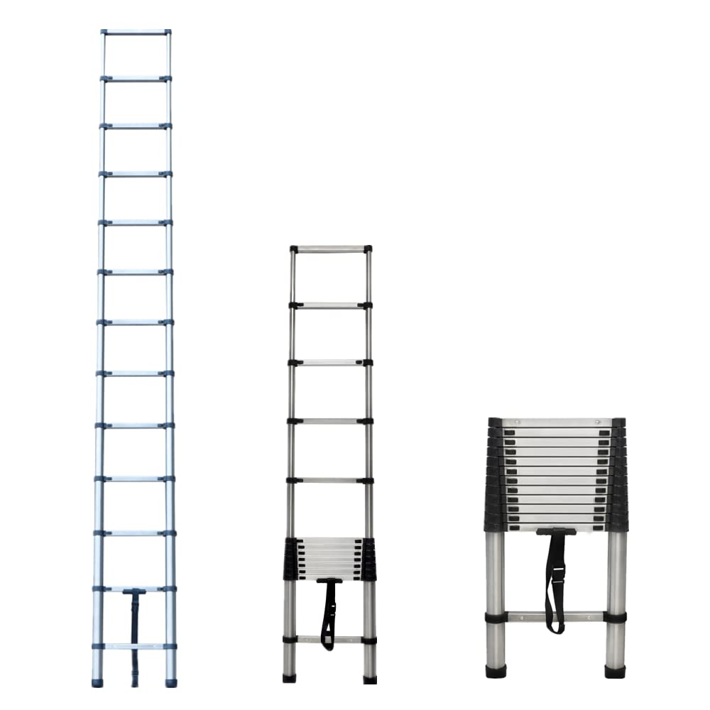 3.8M Telescoping Ladder Stainless Steel One-Button Retraction Extension System Folding Lightweight Ladder,for RV, Loft, Attic, Home for Indoor and Outdoor Use, 330lb Load Capacity — image 1