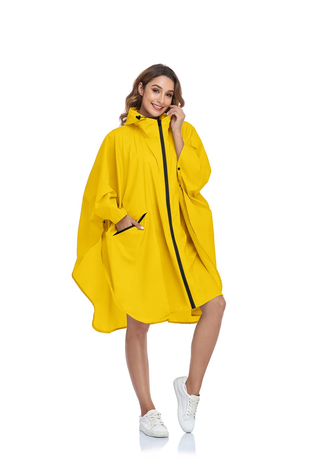 SANMM Packable Hooded Rain Poncho Reusable Raincoat Jacket for Women Adults with Zipper Pockets