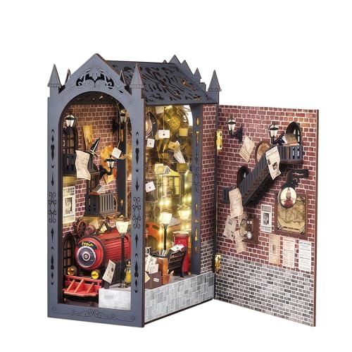 DIY Book Nook Kit Bookend Puzzle Miniature Nook Library Bookshelf Insert Bookends Decoration Books Ornaments Gifts for Adults (Train Station)