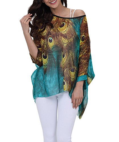 Vanbuy Women Summer Peacock Printed Shirt Batwing Sleeve Top Chiffon Poncho Casual Loose Tunic Blouse Prime Z91-4300