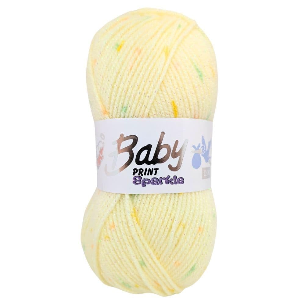 WoolCraft Baby Prints Sparkle DK Knitting & Crochet Yarn, Great Value Yarn Available in Pastel Shades with Added Sparkle, 95% Acrylic & 5% Lurex, 215 Metres, 100g Balls, Pack of 3, Lemon