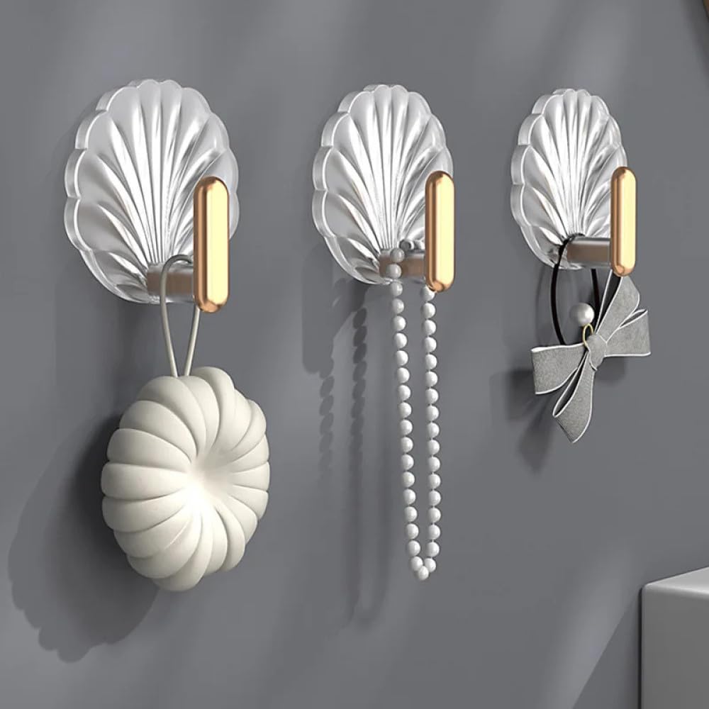 Juego de 4 ganchos de pared creativos de concha para baño, multifuncionales, ganchos sin perforación, percheros decorativos para el hogar, ganchos adhesivos, rojo, 4 piezas, 8 juegos