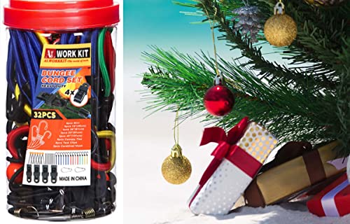 Premium Bungee Cords Heavy Duty In Storage Jar, Includes Various Sizes Bungee Cord Bundle&Canopy Ball Ties,Trap Clip,Spring Snap Hook,Necessary For Outdoor Camping 32-Piece Nice Gifts #TOP7