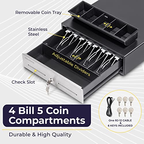 13" Cash Register Drawer For Point Of Sale (Pos) System With 4 Bill 5 Coin Cash Tray, Black And Stainless Steel Front Cash Drawers, Removable Coin Compartment, 24V, Rj11/Rj12 Key-Lock, Media Slot #TOP2