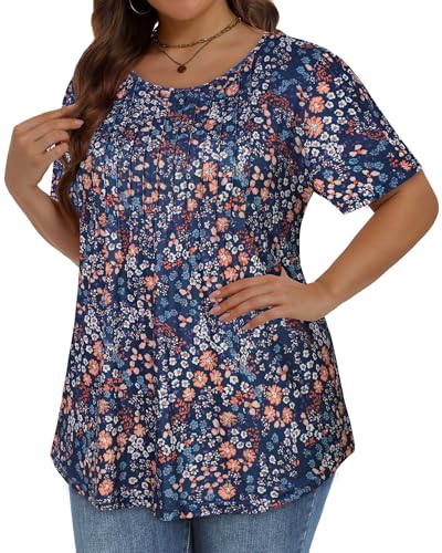 Image of Plus Size Tops for Women Pleated Summer Top Trendy Short Sleeve Shirts Casual Basic Tee Crew Neck Blouses 2026