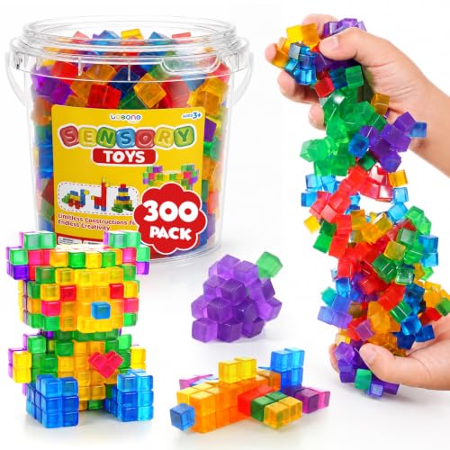 Image of LESONG Mini Sticky Stacking Cubes for Kids: 300 PCS Bulk Classroom Sharing Set, Washable Squishy Sensory Building Toy with Storage Bucket, 0.39 Inch Cubes for Group Play, Sorting, 2D & 3D Builds