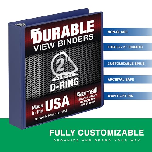 Image of Samsill Durable 2 Inch Binder, D Ring Binder, Customizable Clear View Cover, Midnight Blue, Holds 475 Pages