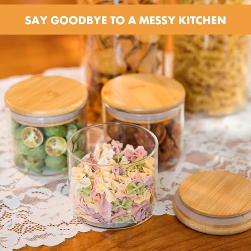 Image of 650ML Glass Food Storage Jars Containers, Set of 4 Storage Jar with Airtight Bamboo Lids Kitchen Glass Canisters For Coffee, Flour, Sugar, Candy, Cookie, Spice (Round 650 ML, Set of 4)