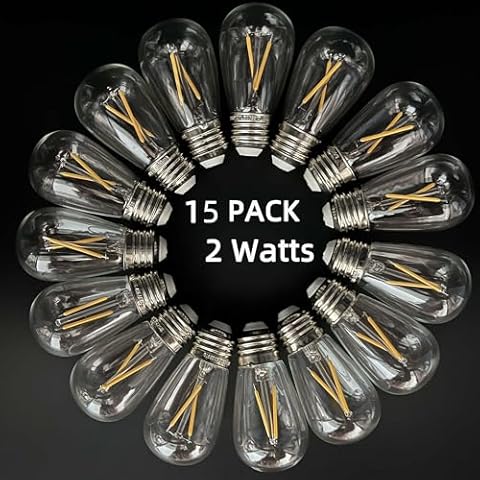 Aplstar 2W LED S14 Replacement Light Bulbs for Commercial Outdoor String Light,Vintage Non Dimmable Edison Filaments Bulb,3000K Warm White, E26 Screw Base,Glass Shade,15PACK Cover