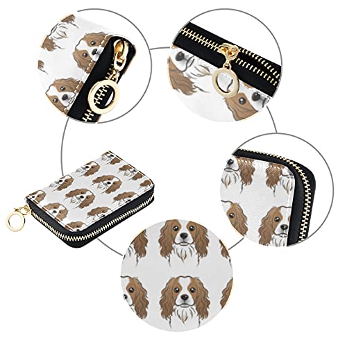 Cavalier King Charles Spaniel Face Head Bone Seamless on WhiteGrey Credit Card Coin wallet, RFID Blocking Compact Women Leather Card Holder, Key Change Organizer, Zipper Purse Clutch Pouch Pocket3