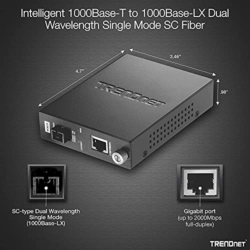 Image of TRENDnet Intelligent Fiber Media Converter 1000Base-T to 1000Base-LX Dual Wavelength Single Mode SC Fiber (40 km / 24.85 Miles), Fiber to Ethernet Converter, RJ-45, Lifetime Protection, TFC-1000S40D5