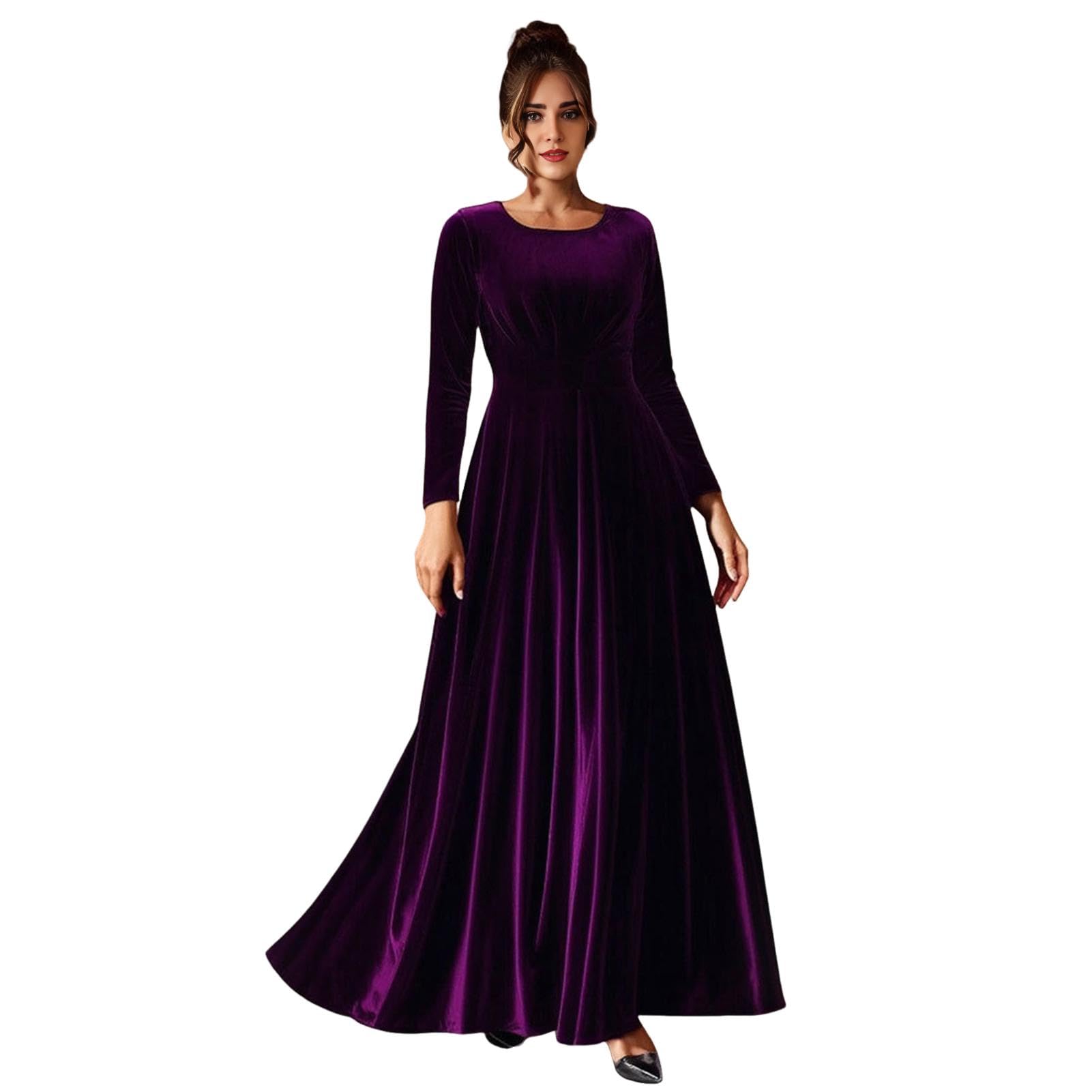 Damen Samt Maxikleid Casual Rundhals Langarm A-Linie Swing Kleid Elegant Herbst Formale Kleidung Groß für Cocktail Party Formelle Veranstaltungen