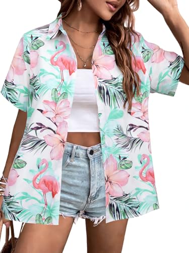 Image of ASTANFY Hawaiian Shirt Women Hawaii T-Shirt Tropical Floral Printed V Neck Shirts Soft Cool Summer Beach Button Up Blouse