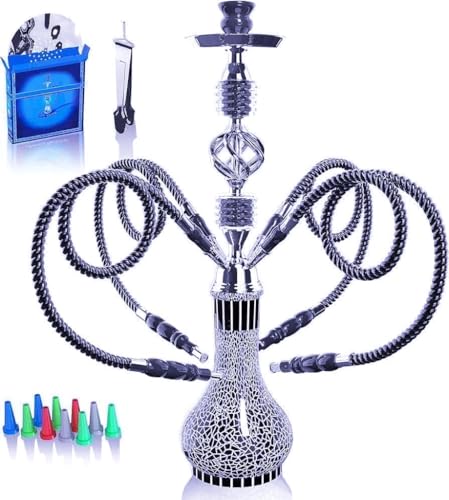 Shisha Komplettset mit 4 Schläuchen 22 Großes Shisha Kit für bis zu 4 Personen mit allem inklusive Keramikschüssel | Premium-Schlauch| Schöne Glasvase (Schwarz QL8)