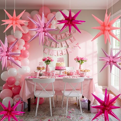 Image of TONIFUL 8Pcs Explosion Star Balloons Pink Hot Pink Foil Balloon Party Decor | 22 Inch Large Mylar Star Balloon for Girls Women Birthday Wedding Bridal Shower Baby Shower Anniversary Photo Booth Supplies