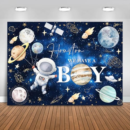 Image of Fitumiw Space Baby Shower Backdrop 7x5ft Outer Space Astronaut Baby Shower Party Decorations Background Galaxy Planets Houston We Have a Boy Banner Photo Booth Props