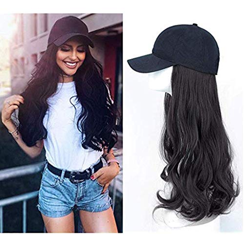 izhenwo Baseball Cap with Hair Extensions for Women Long Wavy Synthetic Hat Wigs for Women Baseball Hat with Hair Adjustable Hat with Synthetic Wig Attached Wavey Hair Black Baseball Cap(2#)