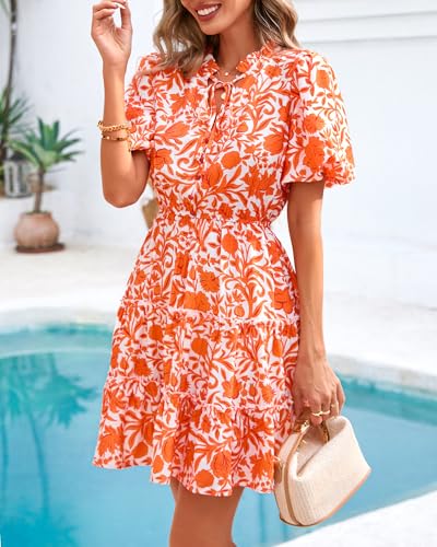 Image of BTFBM Women Summer Floral Short Dresses V Neck Short Sleeve Tiered Ruffle Boho Swing Dress A-Line Mini Dresses