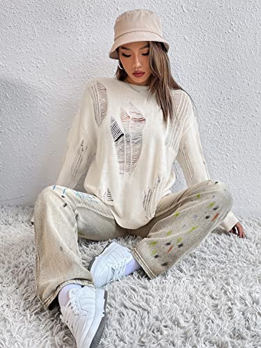 Image of GORGLITTER Women's Gothic Top Distressed Sweater Ripped Drop Shoulder Sweater Long Sleeve Round Neck Pullovers Top
