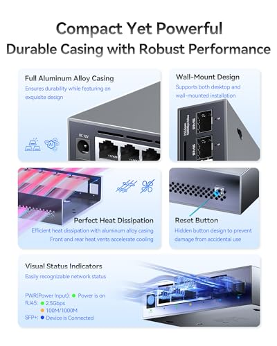 Image of 6-Port 2.5G Web Managed Ethernet Switch, VLAN /QoS /STP /IGMP /LACP Supported, Fanless Easy Smart 2.5Gb Network Switch, Aluminum Housing, Desktop /Wall-Mount