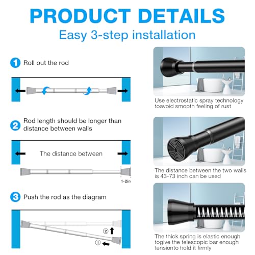 Image of MEXAU 1Pack Spring Tension Curtain Rod 44-77 inch Black Small Tension Rod | Adjustable Curtain Rods No Dilling Extendable Spring Tension Rod Short Curtain Rod for Windows, Kitchen, Bookshelf, Closet