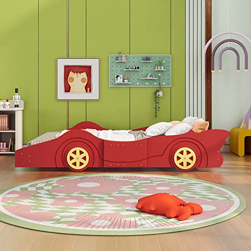 Harperbrightdesignsfullsizeracecarshapedplatformbedwithwheelswoodenplatformbedframewithsupportslatsfullsizefloorbedforkidsboysgirlsteensred  Urban Country Home Decor Harper bright designs full size race car shaped platform bed with wheels wooden platform bed frame with support slats full size floor bed for kids boys girls teens red  urban country home decor