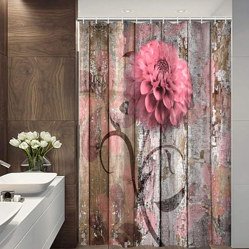 JAWO Farmhouse Flower Floral Shower Curtain, Rustic Pink Dahlia Shower Curtain Set, Country Pink Wild Garden Plant Waterproof Fabric Shower Curtain with Hooks, Surreal Bathroom Curtain, 54x70inch…