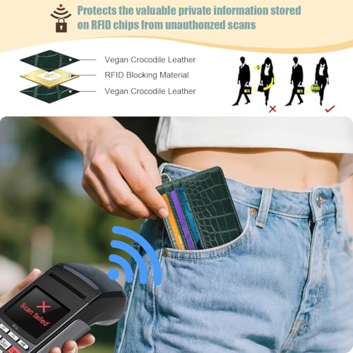 Image of Slim Credit Card Holder Crocodile Wallet Women Thin Wallets | Alligator Print RFID Blocking Minimalist Lightweight Pocket Small Cute Cards Holders, Retro Green Croc