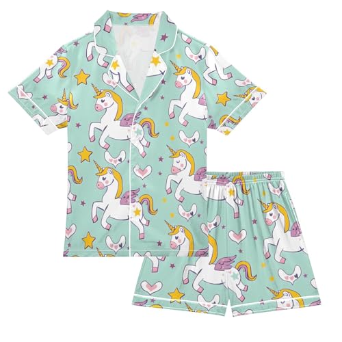 ALAZA Unicorn Love Star Blue Pajamas Satin Pajama Set Short Sleeve Button Down Sleepwear