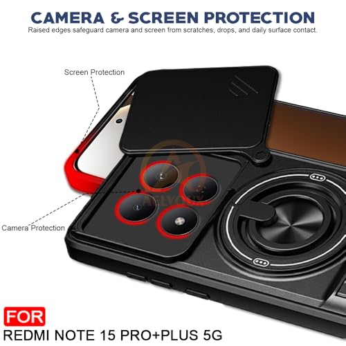 Image of Redmi Note 15 Pro Plus 5G Back Cover | Armor Camera Slider 360 Degree Rotating Finger Ring Holder Case with Bracket Stand Back Case Cover (Compatible with MagSafe Accessories) (Black)